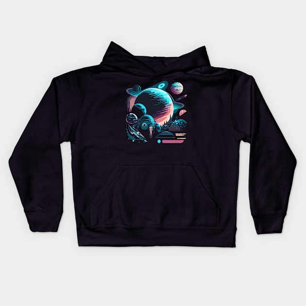 a sci-fi t-shirt design inspired by space exploration and futuristic technology, cosmic imagery, futuristic elements, and a dark color scheme for an otherworldly vibe Kids Hoodie by goingplaces